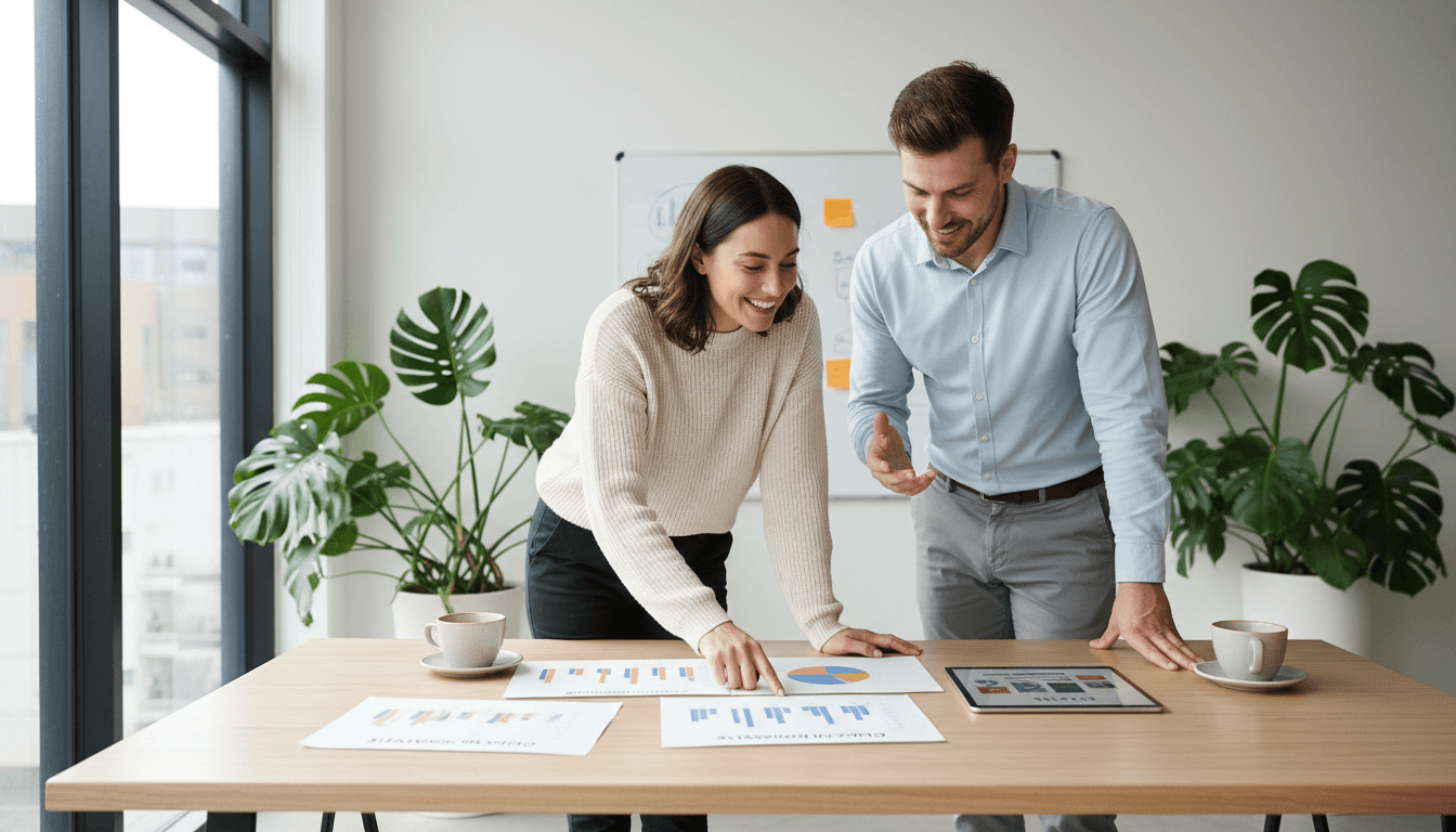 Small business owner and marketing consultant reviewing campaign results and strategy documents in bright modern office workspace